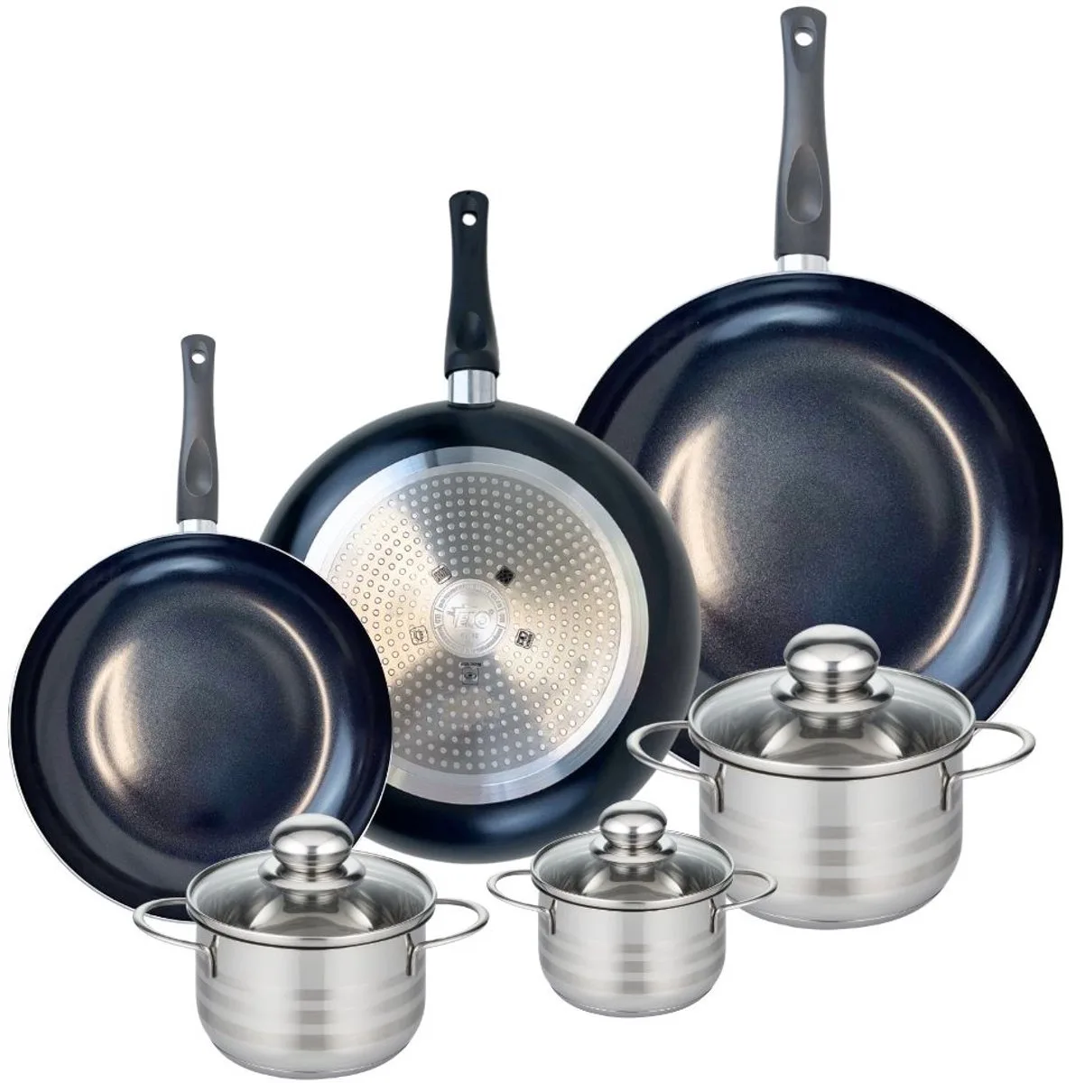 Set van 3 Kookpannen 24, 28 en 32 cm en 3 braadpannen 12, 14 en 16 cm Elo Prima Brillant van Fackelmann in Zwart – productfoto