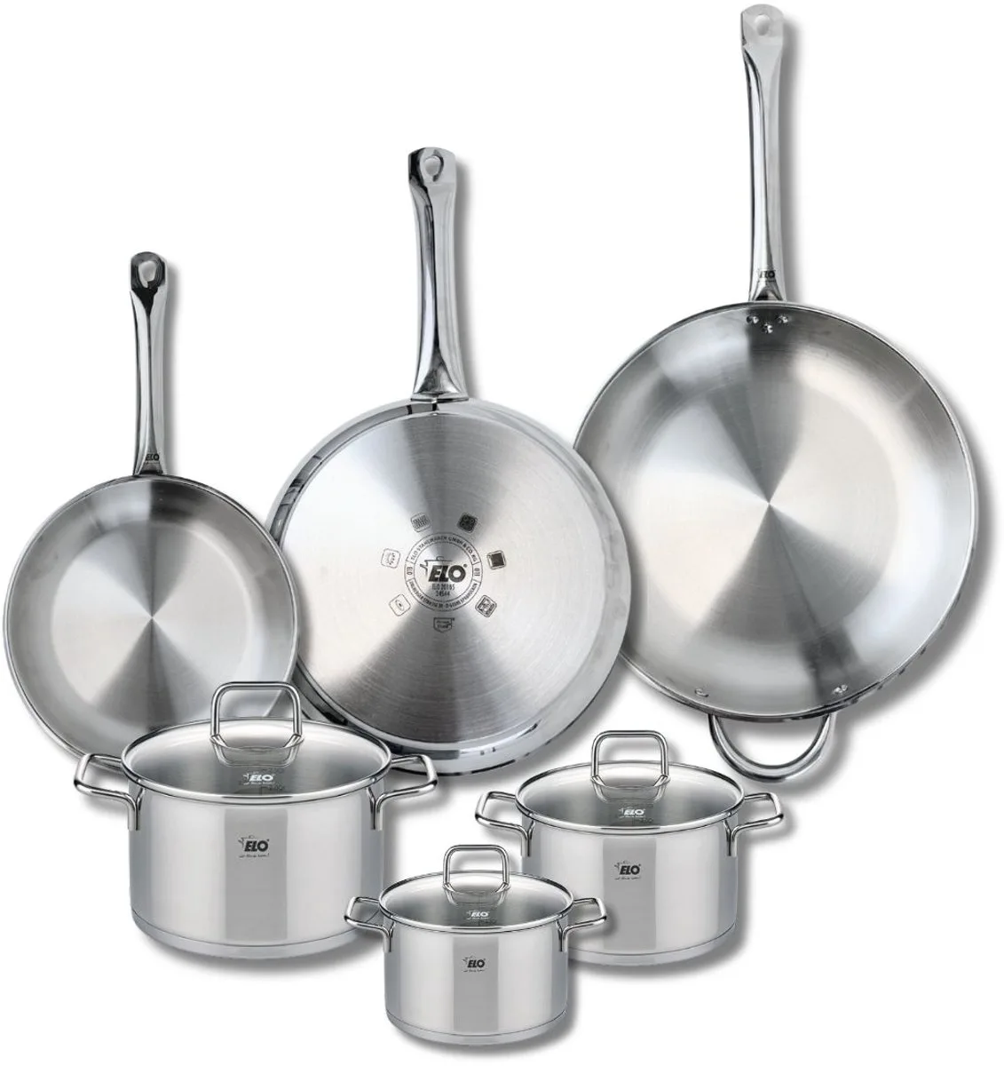Set van 3 Kookpannen 24, 28 en 32 cm en 3 braadpannen 14, 16 en 20 cm Elo Profi Citrin van Fackelmann in Grijs – productfoto