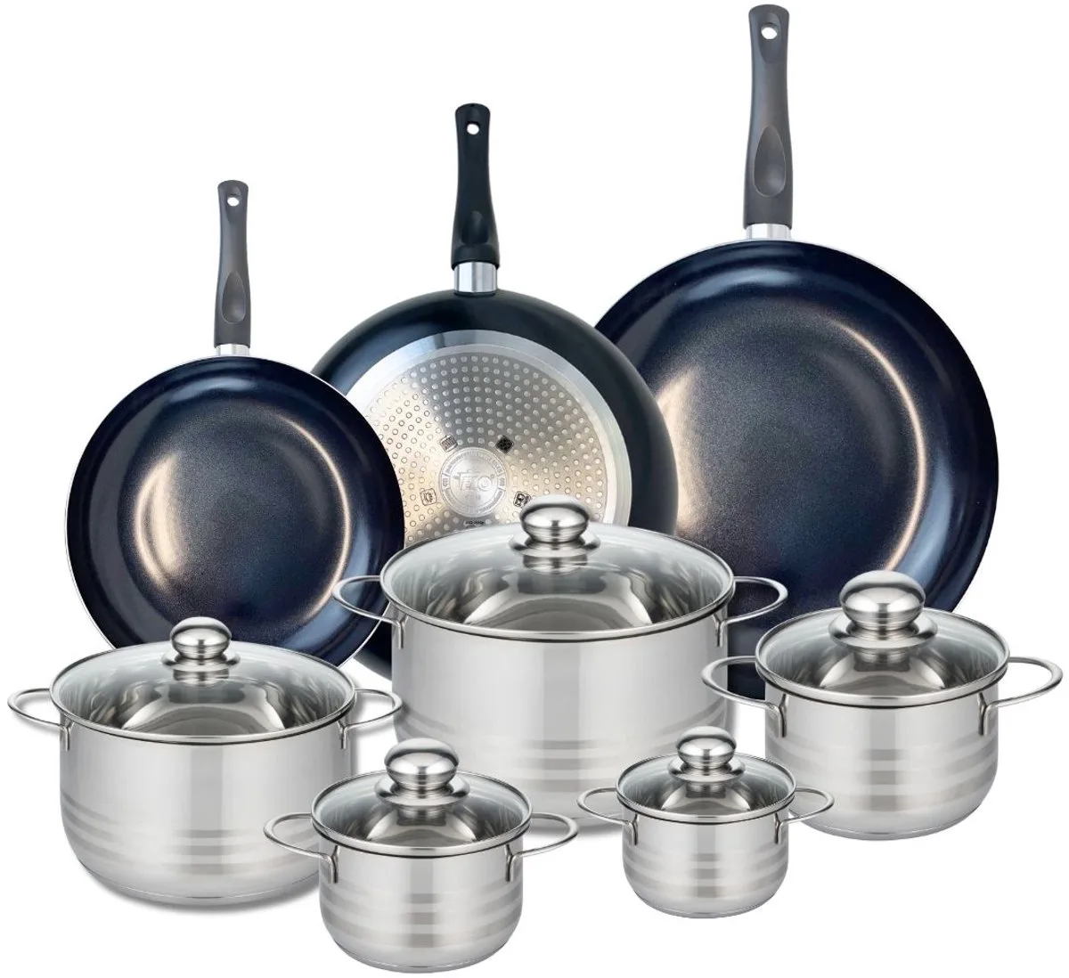 Set van 3 Kookpannen 24, 28 en 32 cm en 5 braadpannen 12, 14, 16, 20 en 24 cm Elo Prima Brillant van Fackelmann in Zwart – productfoto
