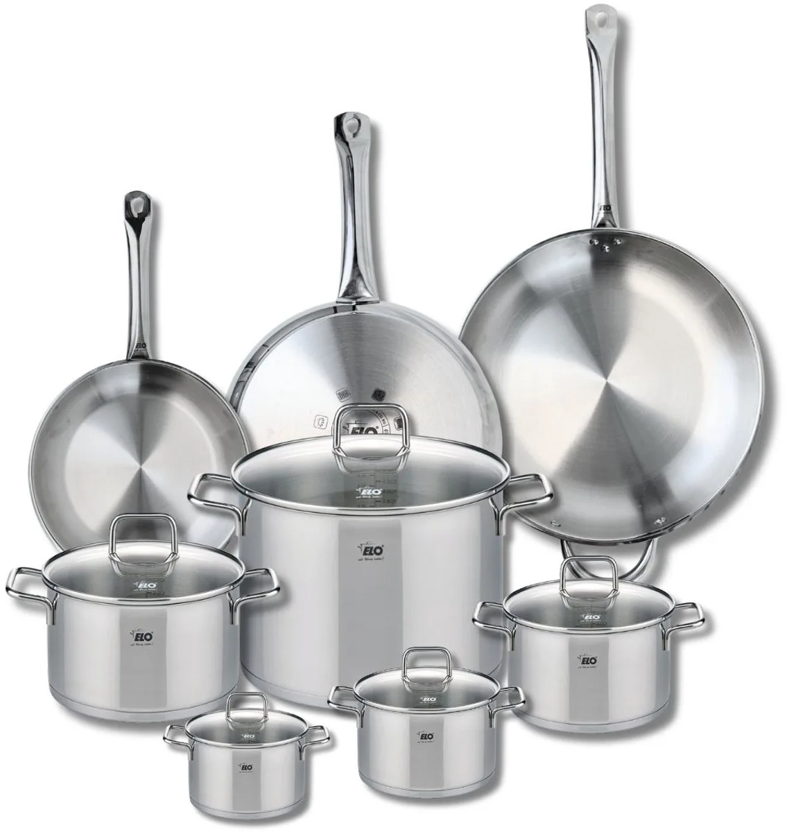 Set van 3 Kookpannen 24, 28 en 32 cm en 5 braadpannen 12, 14, 16, 20 en 26 cm Elo Profi Citrin van Fackelmann in Grijs – productfoto