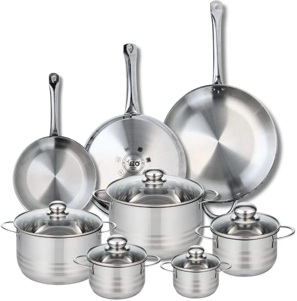 Set van 3 Kookpannen 24, 28 en 32 cm en 5 braadpannen 12, 14, 16, 20 en 24 cm Elo Profi Brillant van Fackelmann in Grijs – productfoto