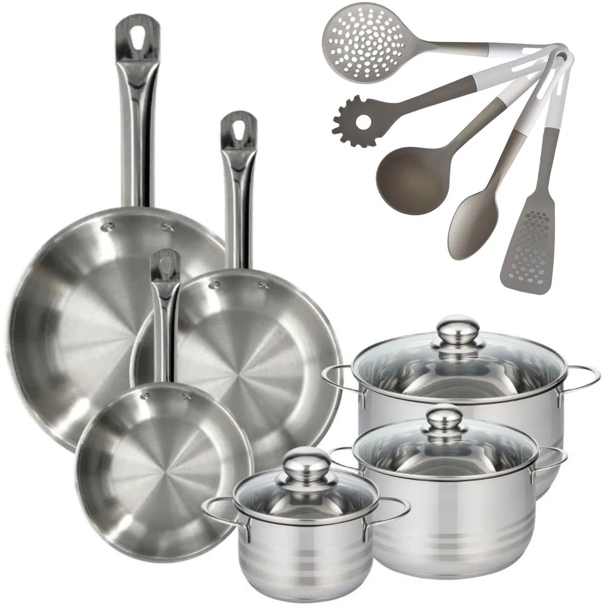 Set van 3 Pannen 20/24/28 cm Fackelmann Eterna met 3 Braadpannen 16/20/24 cm en 5 keukengerei de Fackelmann en Gris – photo produit