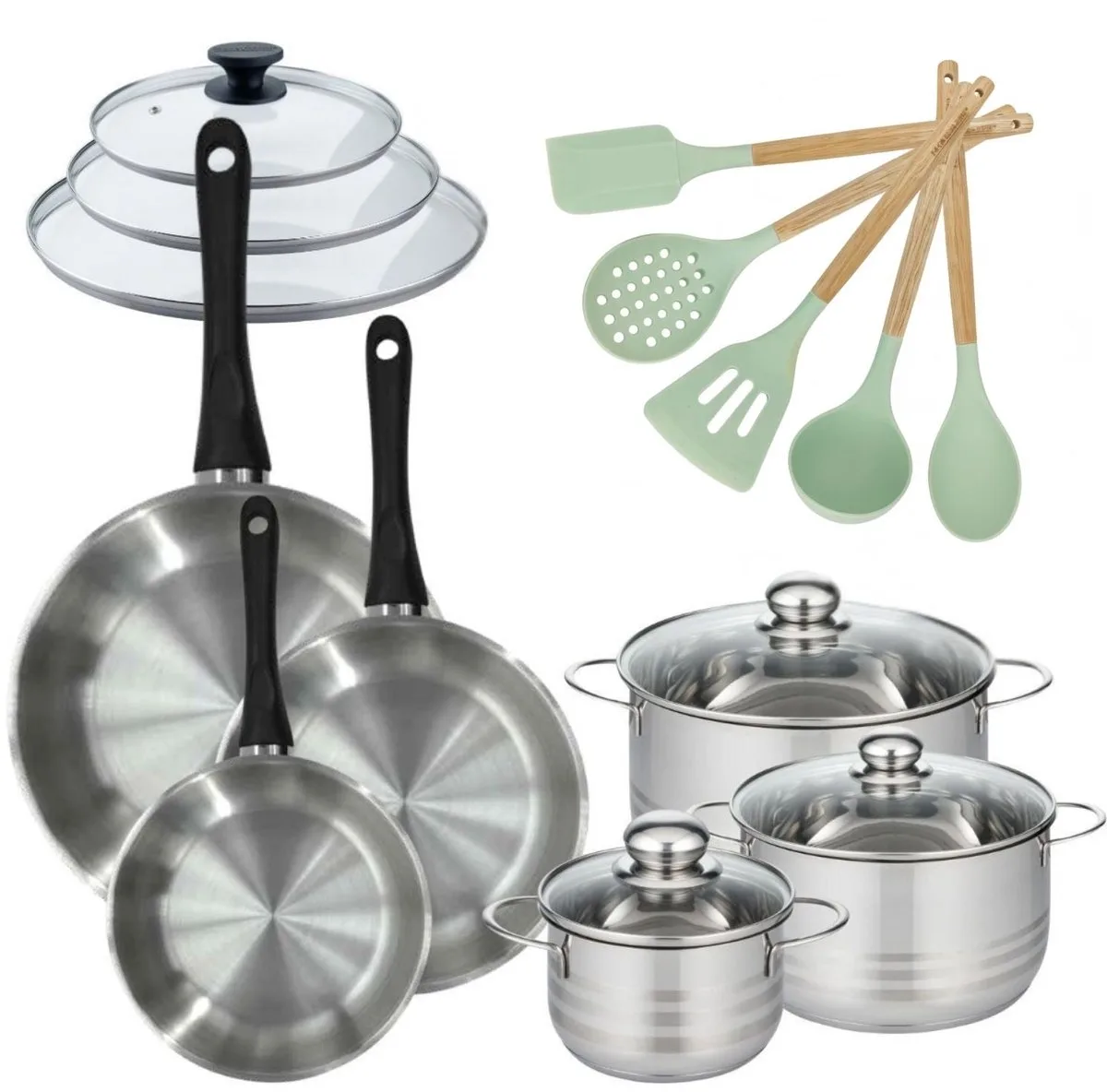Set van 3 Pannen 20/24/28cm en 3 Kookpotten 16/20/24cm Fackelmann Genève met 5 keukengerei de Fackelmann en Roestvrij staal, Noir – photo produit