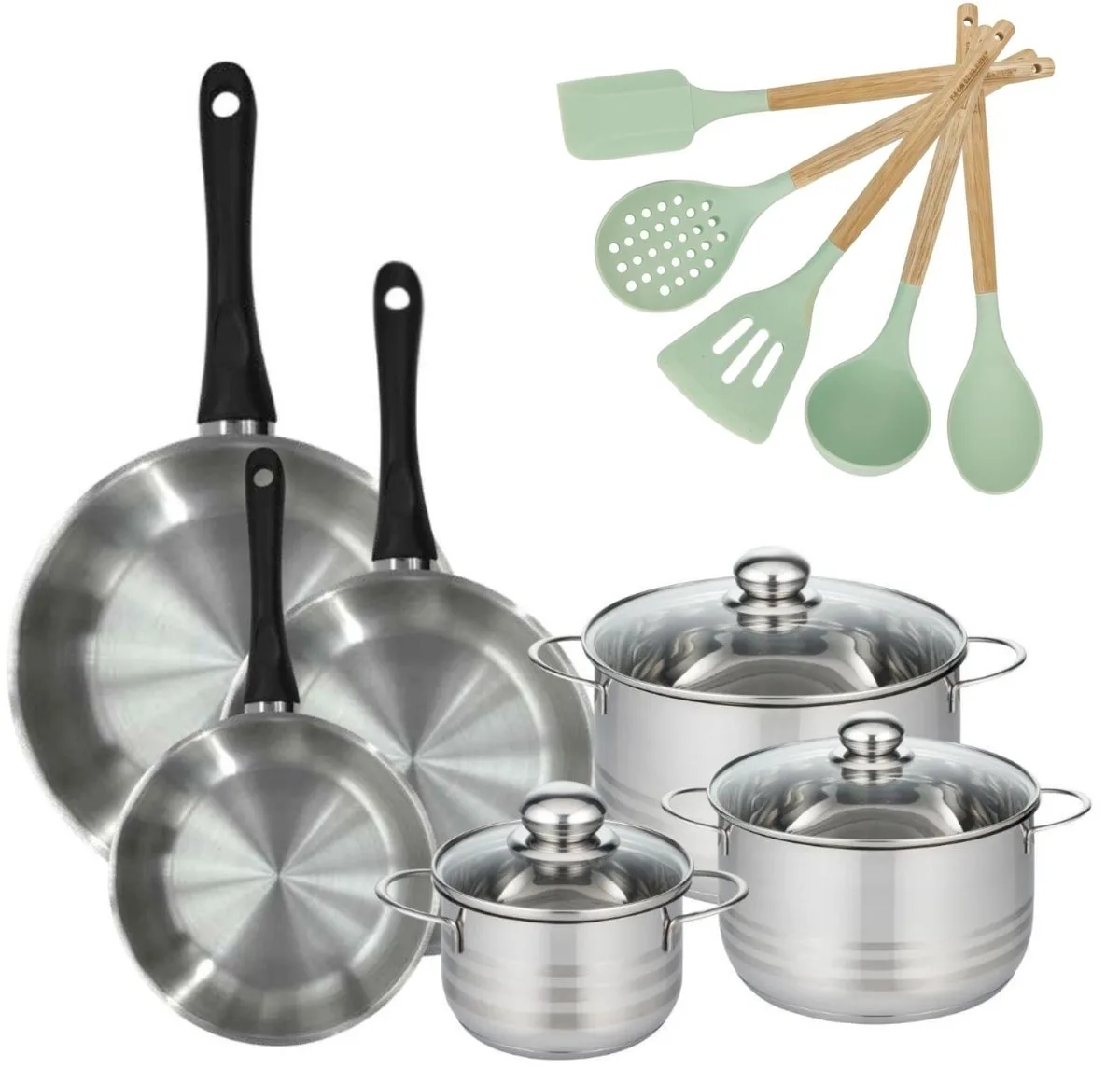 Set van 3 Pannen 20/24/28cm en 3 Kookpotten 16/20/24cm Fackelmann Genève met 5 Fackelmann keukengerei van Fackelmann in Roestvrij staal, Zwart – productfoto