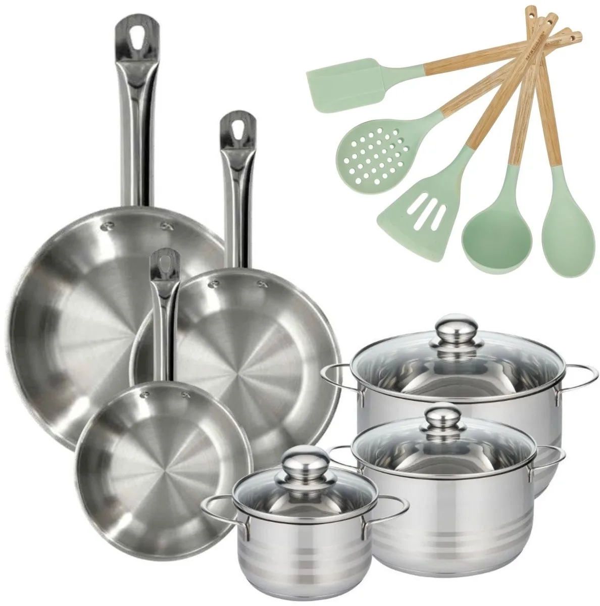Set van 3 Pannen 20/24/28cm en 3 Kookpotten 16/20/24cm Fackelmann Etherna met 5 keukengerei van Fackelmann in Roestvrij staal – productfoto