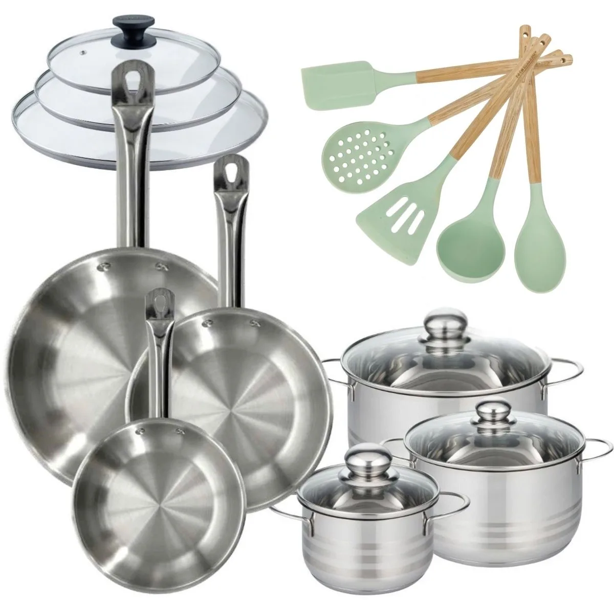 Set van 3 Pannen 20/24/28cm en 3 Kookpotten 16/20/24cm met deksels Fackelmann Etherna met 5 keukengerei von Fackelmann in Roestvrij staal – Produktfoto
