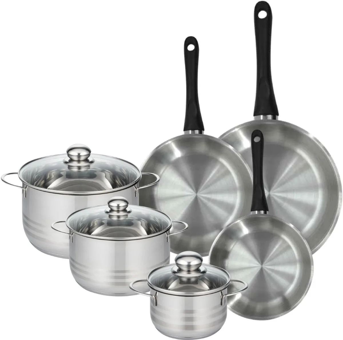 Set van 3 pannen 20, 24 en 28 cm van roestvrij staal en 3 roestvrijstalen kookpotten 16, 20 en 24 cm Fackelmann Geneva van Fackelmann in Roestvrij staal, Zwart – productfoto