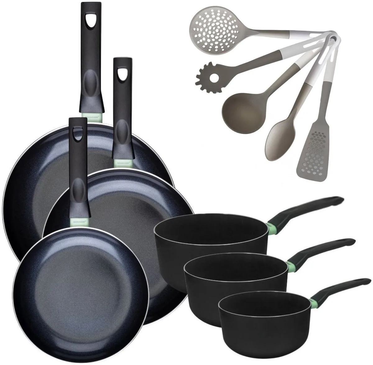 Set van 3 Pannen 24/28/30 cm en 3 Kookpotten 16/18/20 cm Fackelmann Brandao met 5 Vario keukengerei van Fackelmann in Zwart, Groen – productfoto