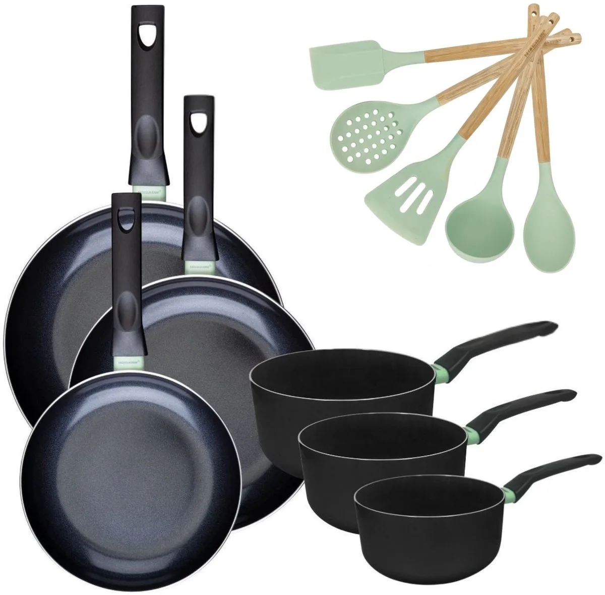 Set van 3 pannen 24/28/30 cm en 3 steelpannen 16/18/20 cm Fackelmann Brandao met 5 keukengerei Océan de Fackelmann en Vert, Noir – photo produit