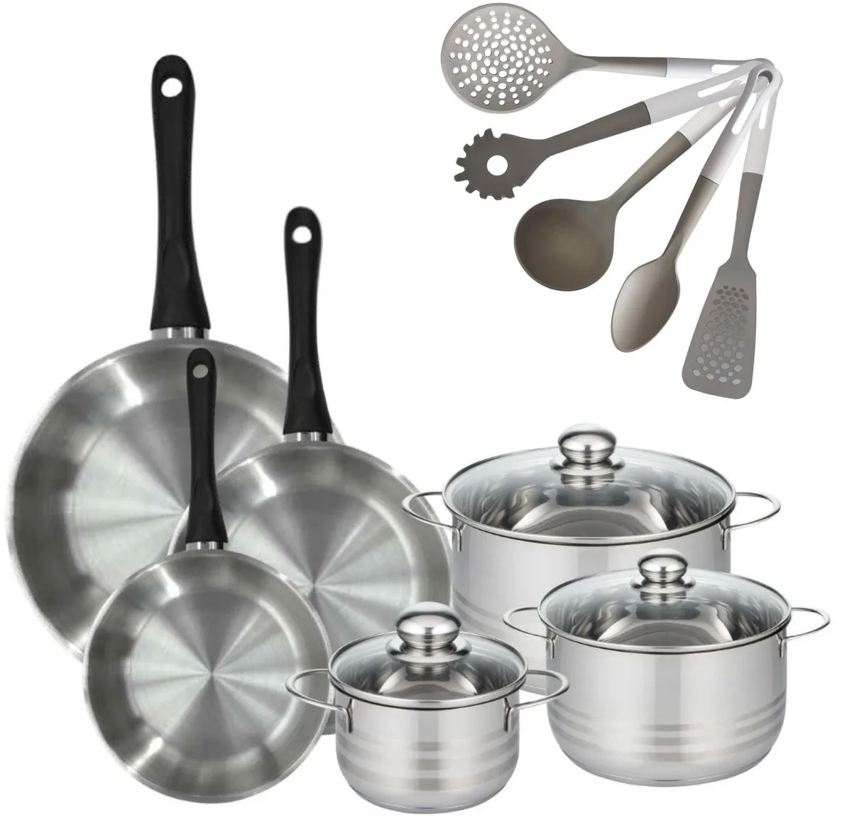Set van 3 RVS Pannen 20/24/28cm Fackelmann Geneva & 3 Kookpotten 16/20/24cm met 5 Fackelmann Keukengerei van Fackelmann in Roestvrij staal, Zwart – productfoto