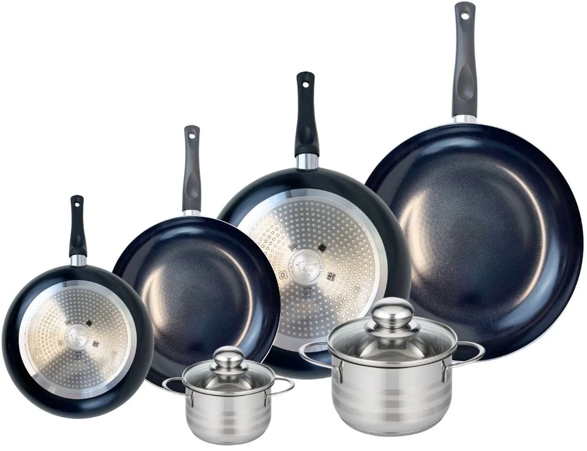 Set van 4 Koekenpannen 20, 24, 28 en 32 cm en 2 kookpotten 12 en 16 cm Elo Prima Glanzend von Fackelmann in Schwarz – Produktfoto