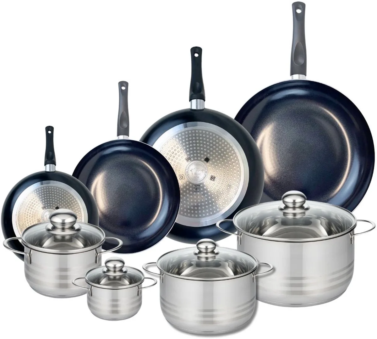 Set van 4 Koekenpannen 20, 24, 28 en 32 cm en 4 kookpotten 12, 16, 20 en 24 cm Elo Prima Brillant von Fackelmann in Schwarz – Produktfoto