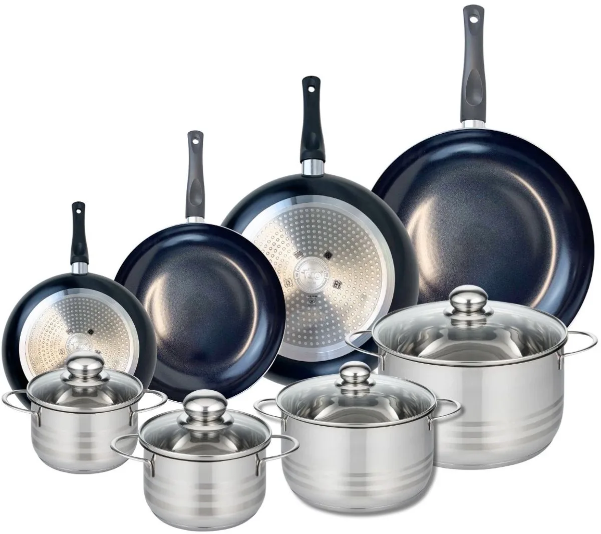 Set van 4 Koekenpannen 20, 24, 28 en 32 cm en 4 kookpotten 14, 16, 20 en 24 cm Elo Prima Brillant van Fackelmann in Zwart – productfoto