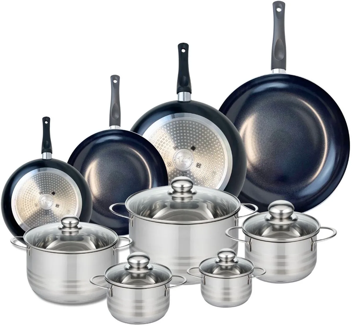 Set van 4 Koekenpannen 20, 24, 28 en 32 cm en 5 braadpannen 12, 14, 16, 20 en 24 cm Elo Prima Brillant från Fackelmann i Svart – produktbild