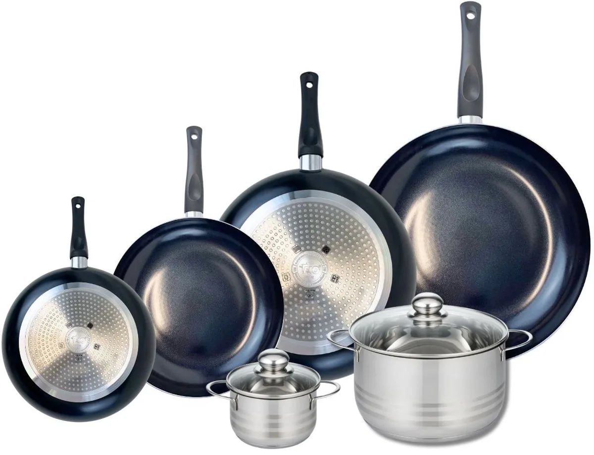 Set van 4 kookpannen 20, 24, 28 en 32 cm en 2 braadpannen 12 en 20 cm Elo Prima Brillant von Fackelmann in Schwarz – Produktfoto