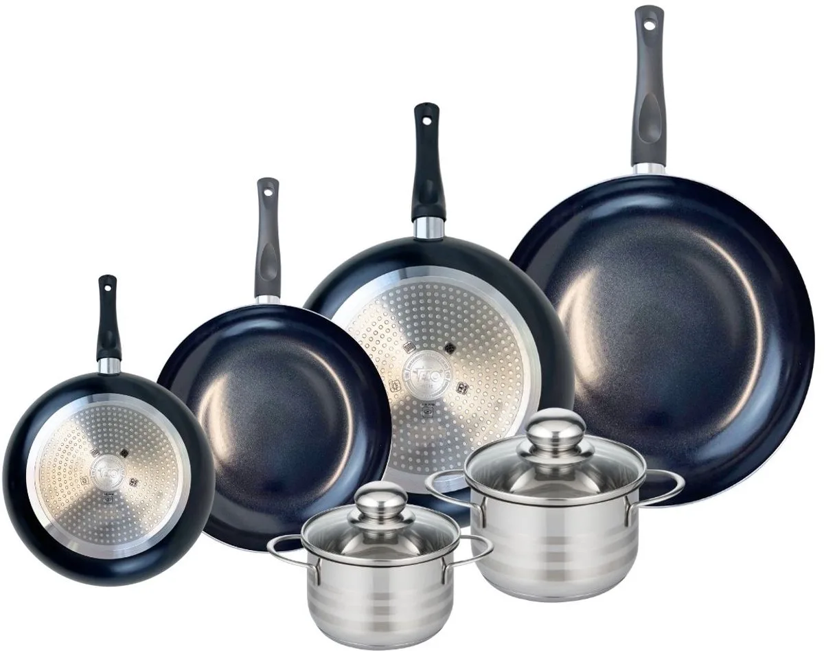 Set van 4 kookpannen 20, 24, 28 en 32 cm en 2 braadpannen 14 en 16 cm Elo Prima Brillant von Fackelmann in Schwarz – Produktfoto