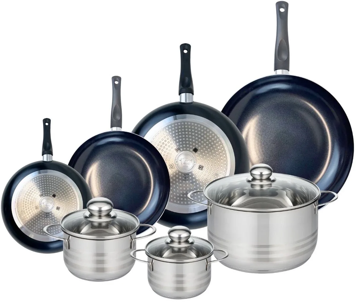 Set van 4 Kookpannen 20, 24, 28 en 32 cm en 3 braadpannen 14, 16 en 24 cm Elo Prima Brillant von Fackelmann in Schwarz – Produktfoto