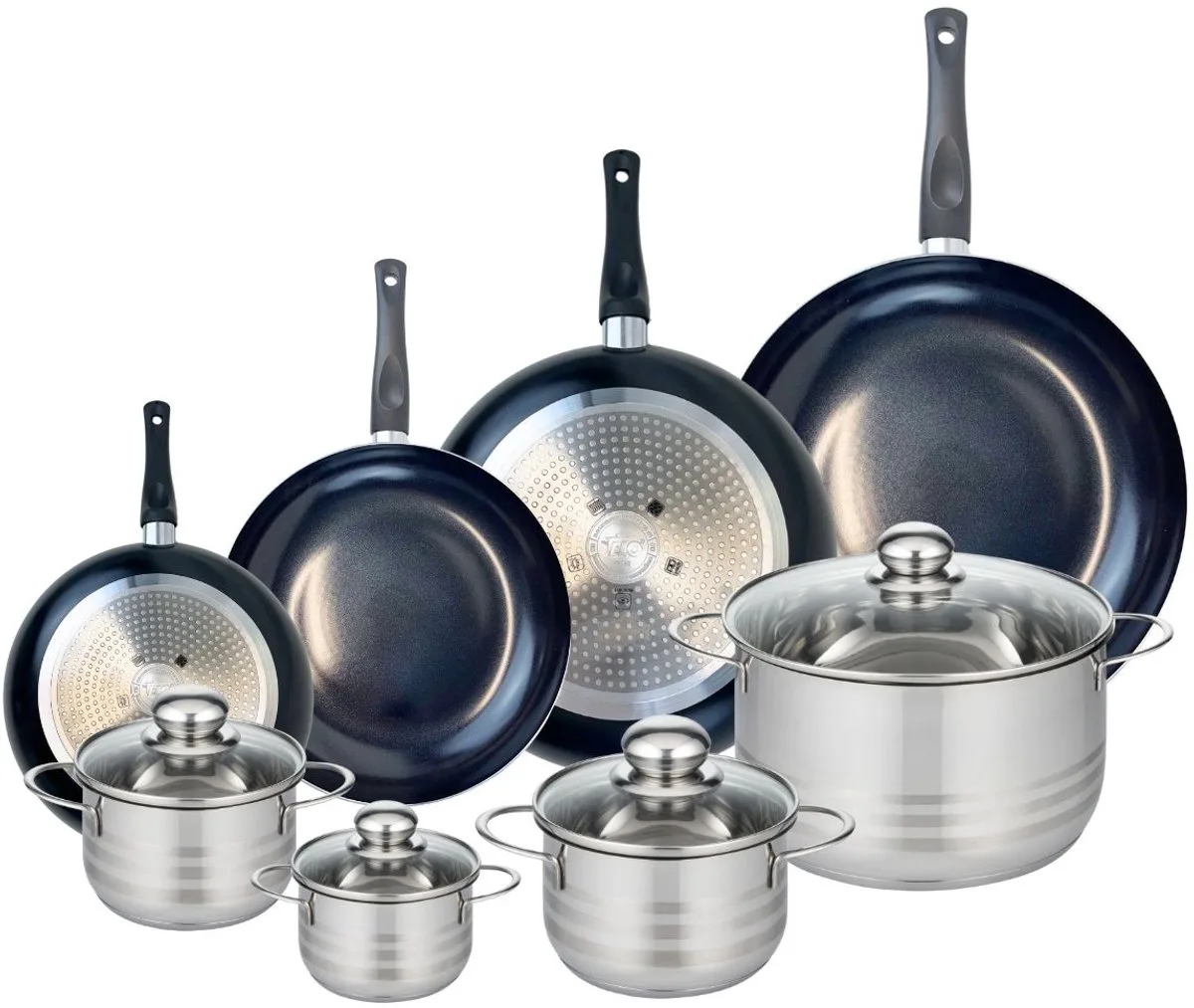 Set van 4 Kookpannen 20, 24, 28 en 32 cm en 4 braadpannen 12, 14, 16 en 24 cm Elo Prima Brillant von Fackelmann in Schwarz – Produktfoto