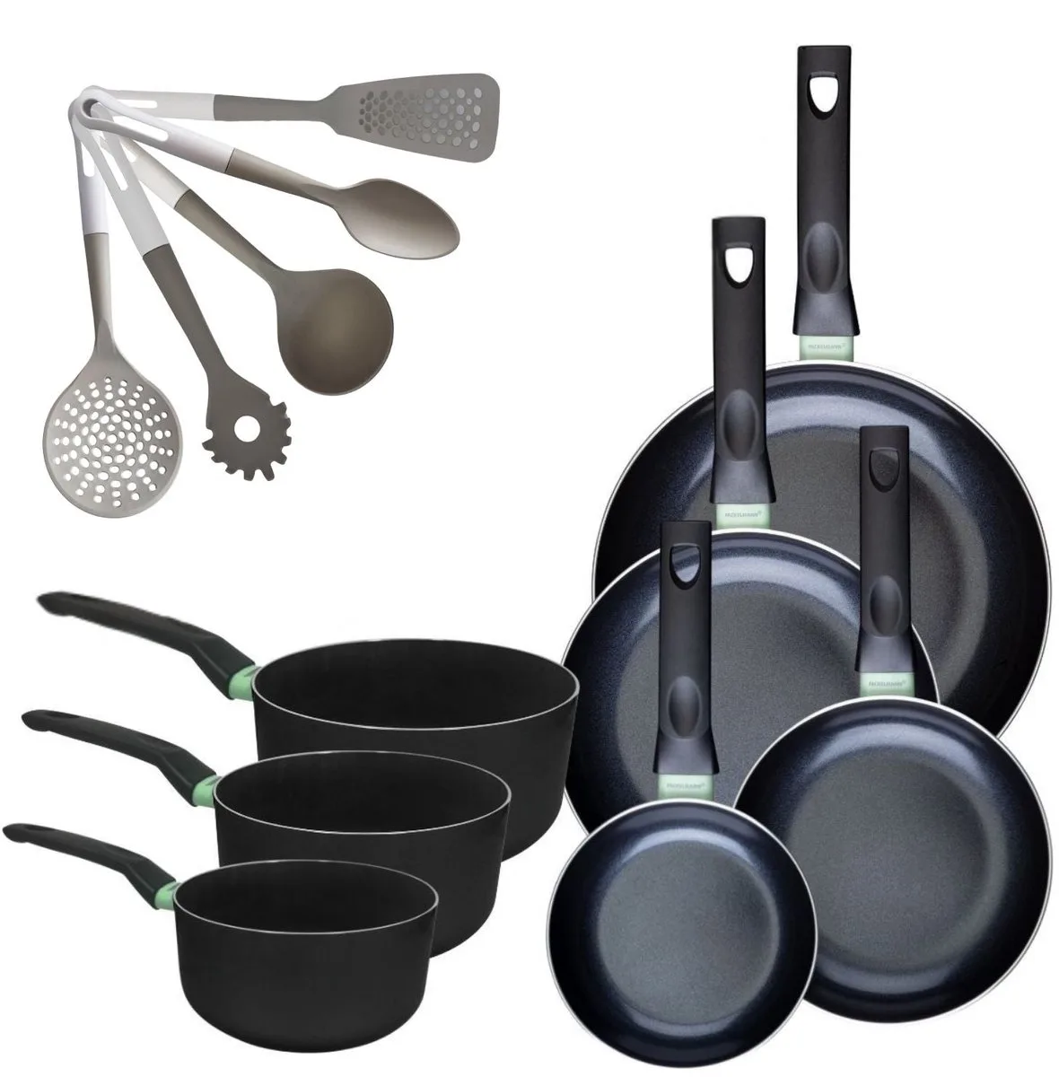 Set van 4 Pannen 16/20/24/28 cm en 3 Kookpotten 16/18/20 cm Fackelmann Brandao met 5 keukengerei de Fackelmann en Noir, Vert – photo produit