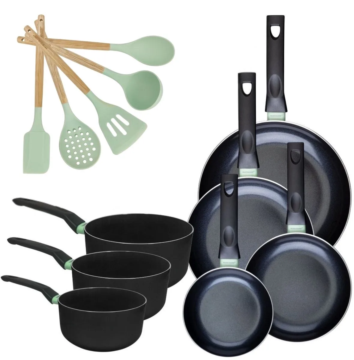 Set van 4 Pannen 16/20/24/28cm en 3 Kookpotten 16/18/20cm Fackelmann Brandao met 5 keukengerei van Fackelmann in Groen, Zwart – productfoto