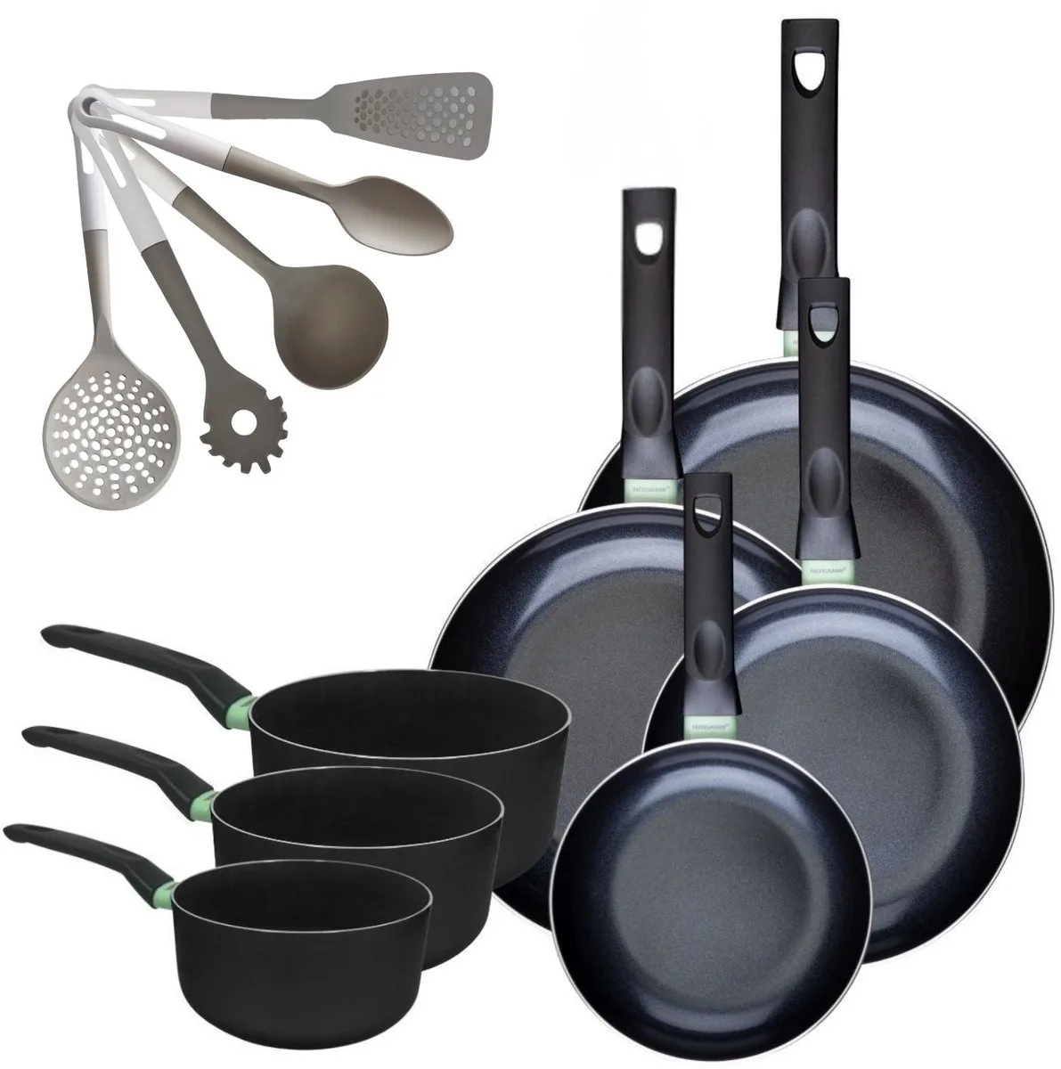 Set van 4 pannen 20/24/28/30 cm en 3 steelpannen 16/18/20 cm Fackelmann Brandao met 5 keukengerei de Fackelmann en Vert, Noir – photo produit