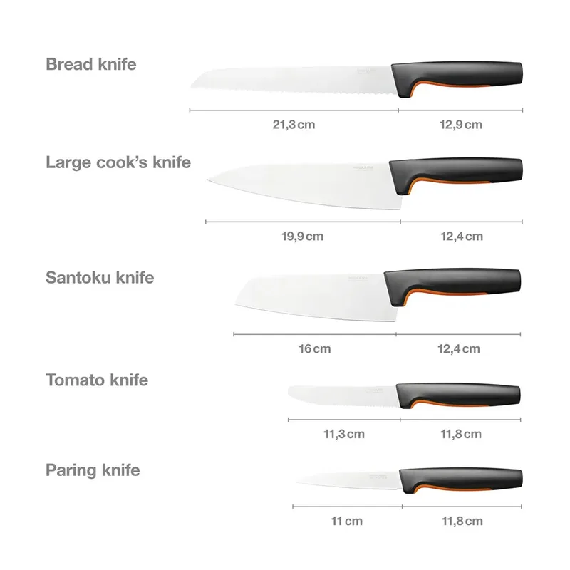 Functional Form 5-delige Set Keukenmessen - Large Starter Set - RVS - Softouch Antislipbekleding fra Fiskars i Roestvrijstaal – produktbillede 3 af 5