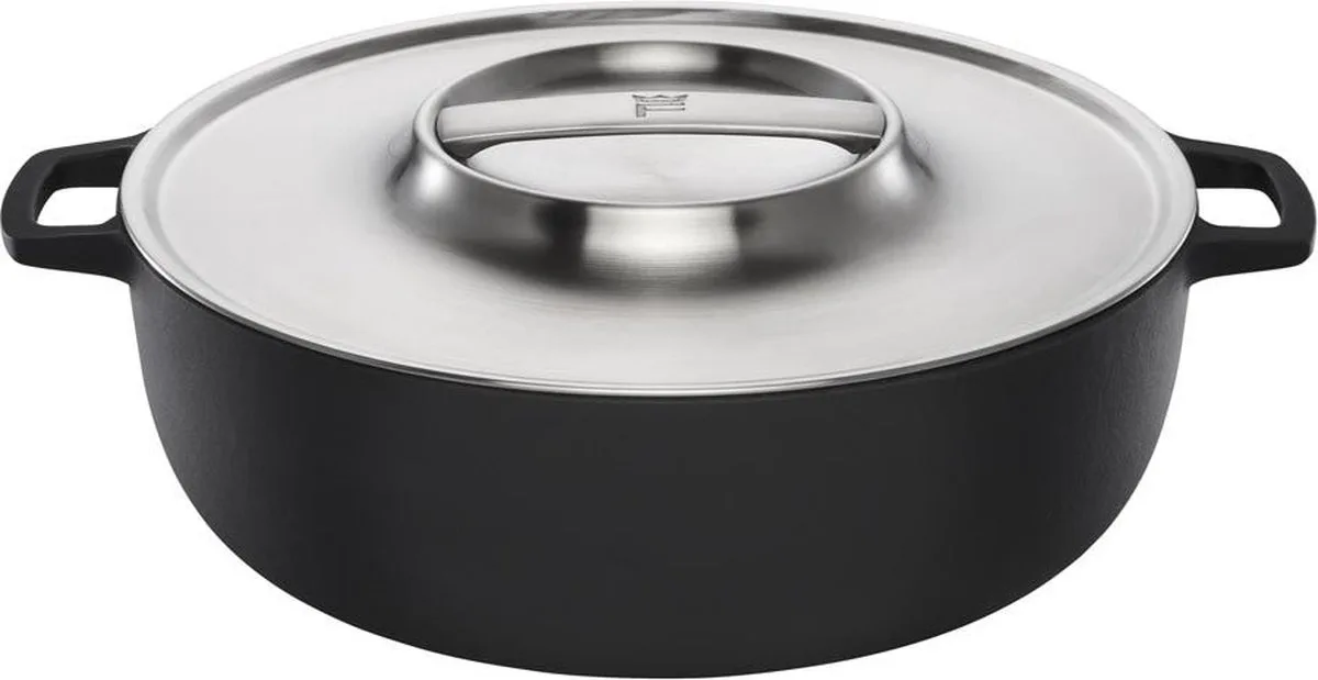 Norden Braadpan Gietijzer voor BBQ - Gietijzeren Braadpan met RVS Deksel - Thermium™ Anti-aanbaklaag von Fiskars in Schwarz, Rvs – Produktfoto