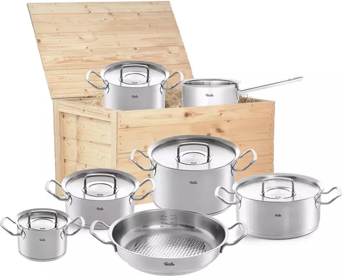Original Profi Collection - 7-delige pannenset in Houten Kist från Fissler i Silver – produktbild