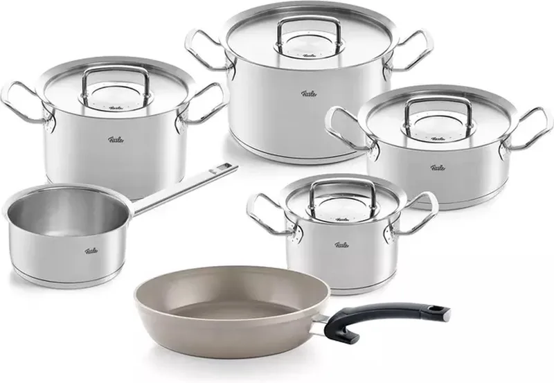 Original-Profi Collection Pannenset met Steelpan, Ceratal Koekenpan en RVS Deksels, 6-delig by Fissler in Silver – product photo