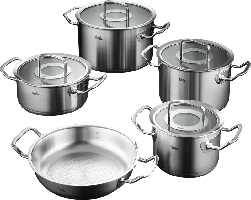 Original-Profi Collection Topf- und Pfannenset mit Glasdeckeln 5-teilig + Servierpfanne 24 cm von Fissler – Produktfoto