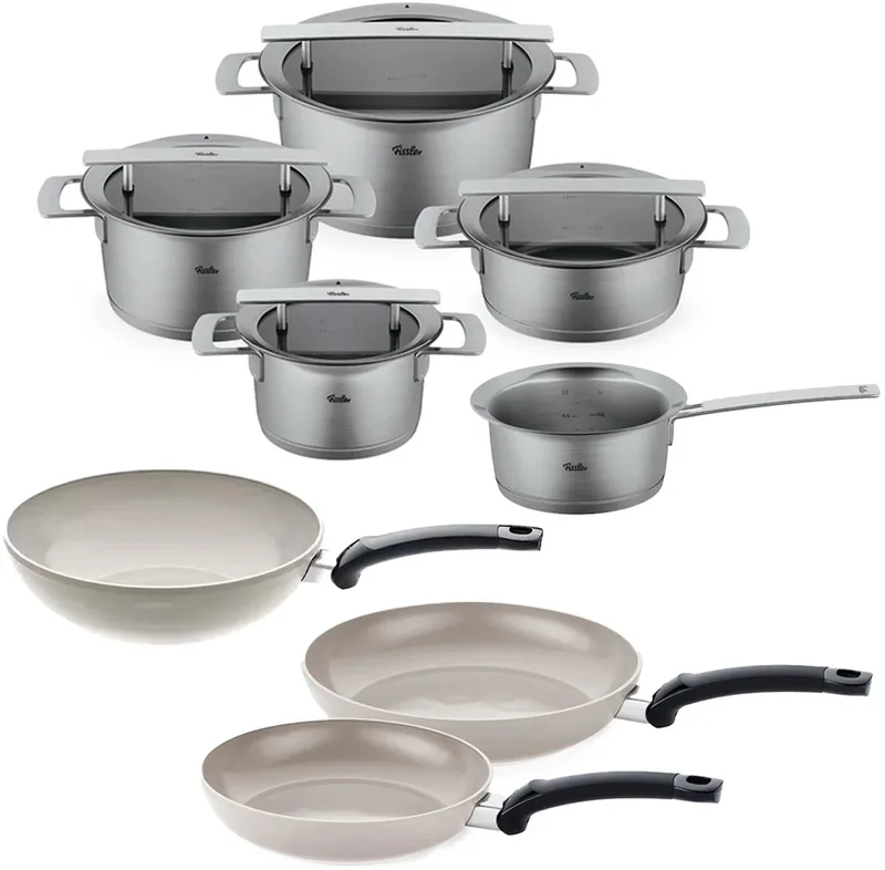 Phi Collection Pannenset met Glasdeksels, 8-delig met Uniek afgietsysteem by Fissler in Rvs – product photo