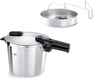 Vitaquick Premium Snelkookpan met Stoominzet en driepoot 6L fra Fissler i Sølv – produktbillede 1 af 3