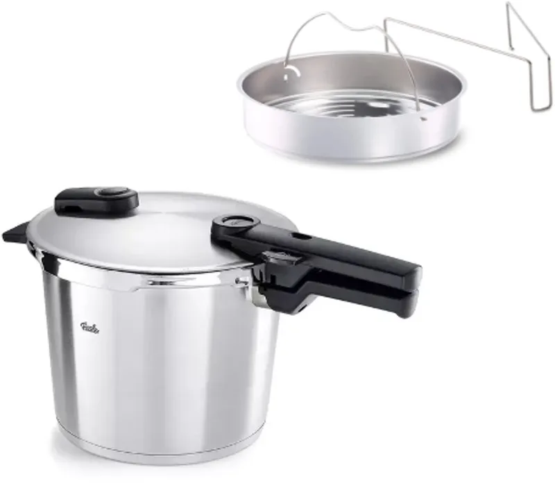 Vitaquick Premium Snelkookpan met Stoominzet en driepoot 6L fra Fissler i Sølv – produktbillede 1 af 3