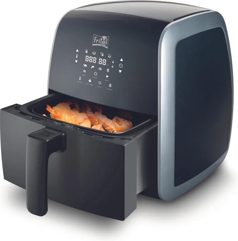 Airfryer SnackTastic® 5804 – Airfryer / Heteluchtfriteuse 3,2L – 1450W – Voor 2-5 Personen – Digitaal Touchscreen – 8 Programma’s – Compact – Soft Leder Look by Fritel in Black – product photo