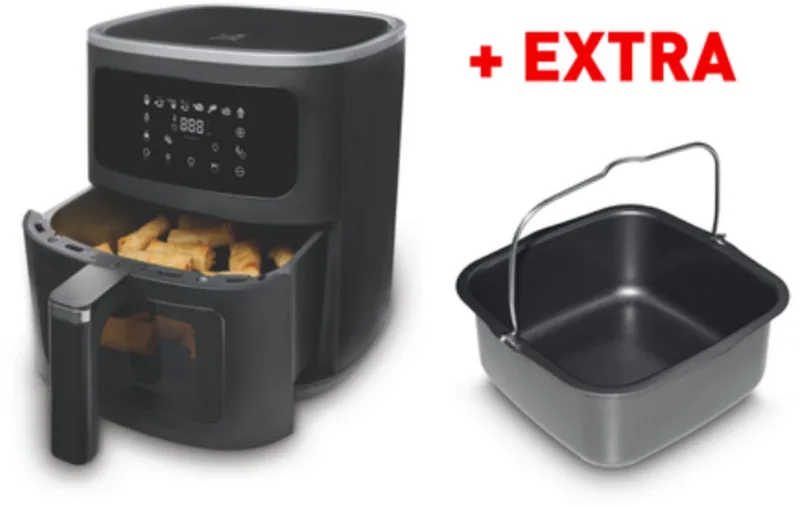Airfryer SnackTastic® 7520 – Airfryer XL Incl. Extra Cakevorm - Heteluchtfriteuse 6L – 1500W – Voor 2-6 Personen – Digitaal Touchscreen – Airfryer met Kijkvenster & Verlichting – 8 Programma’s – PFAS-vrij – Met Bakvorm voor Cake von Fritel in Schwarz – Produktfoto