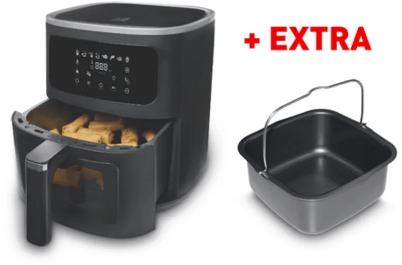 Airfryer SnackTastic® 7720 – Heteluchtfriteuse 8L Incl. Extra Cakevorm - Airfryer XXL – 1700W – Voor 1-8 Personen – Touchscreen – Airfryer met Kijkvenster & Verlichting – 8 Programma’s – PFAS-vrij – Met Bakvorm voor Cake by Fritel in Black – product photo