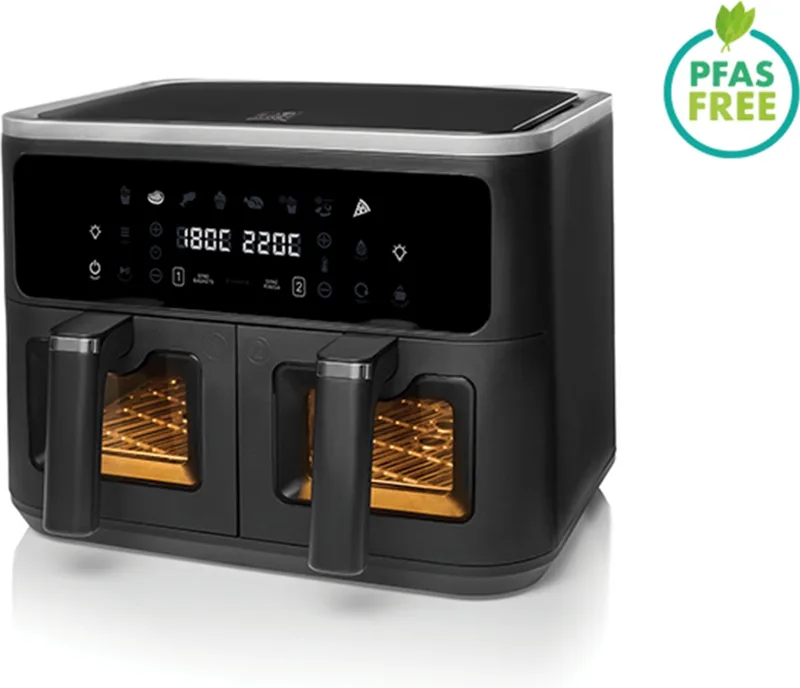 Airfryer SnackTastic® 8480 DUO – Dubbele Airfryer met 2 Manden – Heteluchtfriteuse 2x4,5L – 2400W – Voor 2-9 Personen – Digitaal Touchscreen – Airfryer met Kijkvenster – Sync Finish – 8 Programma’s – PFAS-vrij fra Fritel i Sort – produktbillede