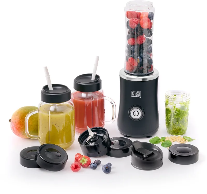 Blend & go BG 2310 - Blender set / Smoothie Maker / Blender To Go - 500W - 0,3L / 0,6L / 0,6L - 4 Bekers / 14 Stuks de Fritel en Mat zwart – photo produit