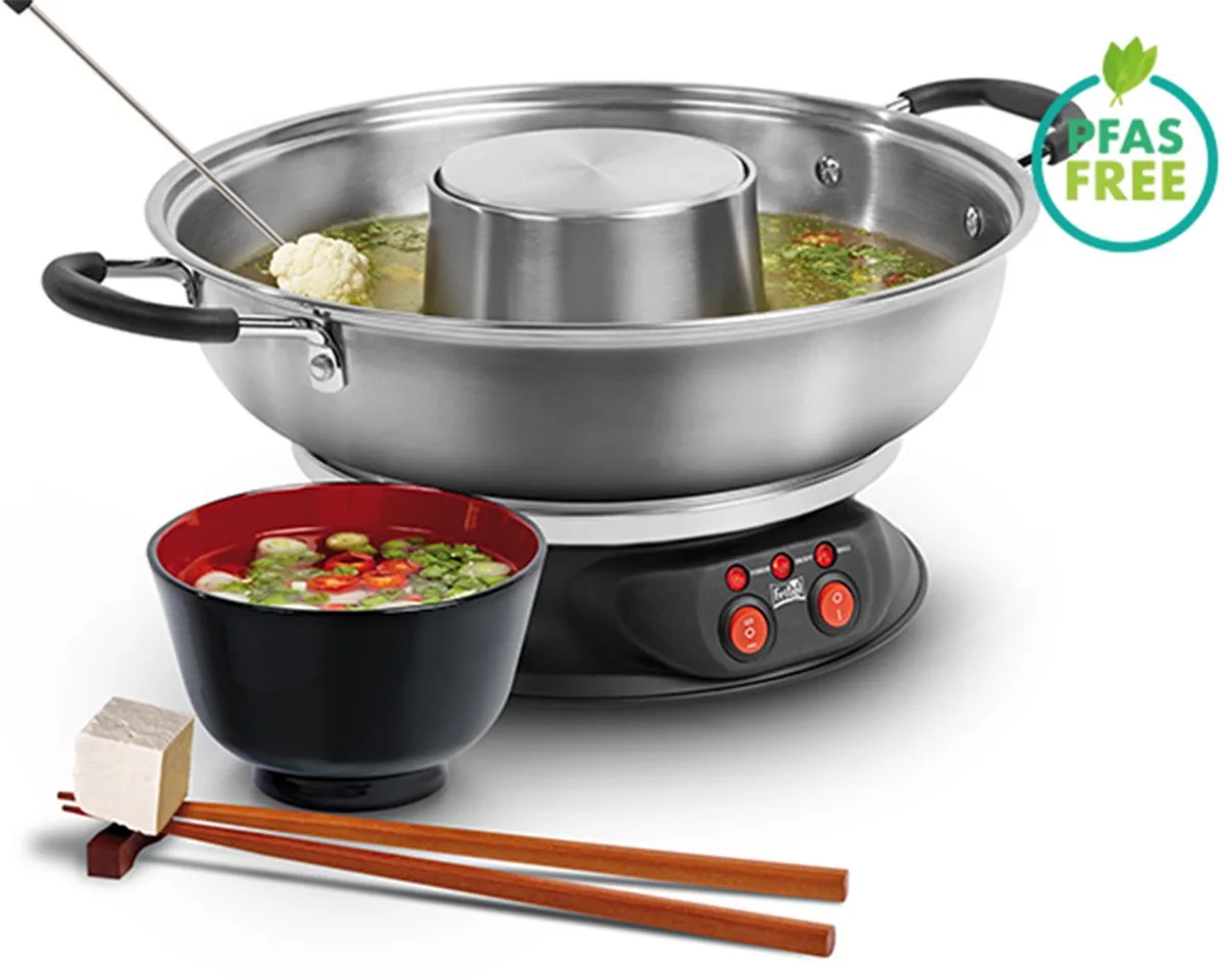Culinaire Fondue FG 2970 - Elektrische Fonduepan + Grill / Fondueset - Kerstcadeau / Cadeau Feestdagen - 2L - 1950W - 2 tot 6 Pers. + 6 Fonduevorkjes - PFAS-vrij van Fritel in Grijs – productfoto