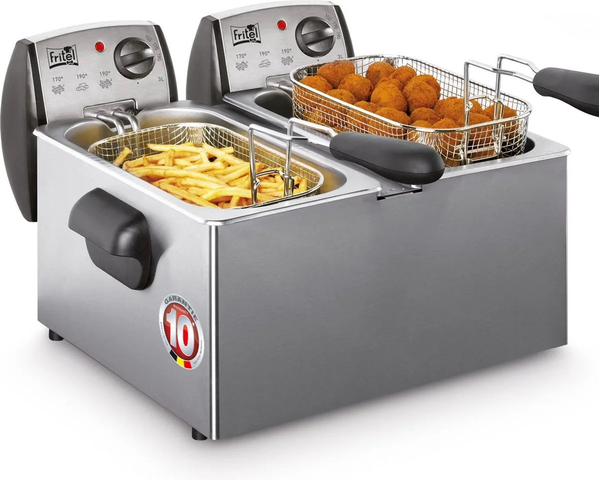 Dubbele Frituurpan - FR 1850 - Duo Friteuse met Antistofdeksel - Koude Zone - 2-8 Personen - 2x 2200W - 2x 3 liter - 10 jaar Garantie van Fritel in Inox – productfoto