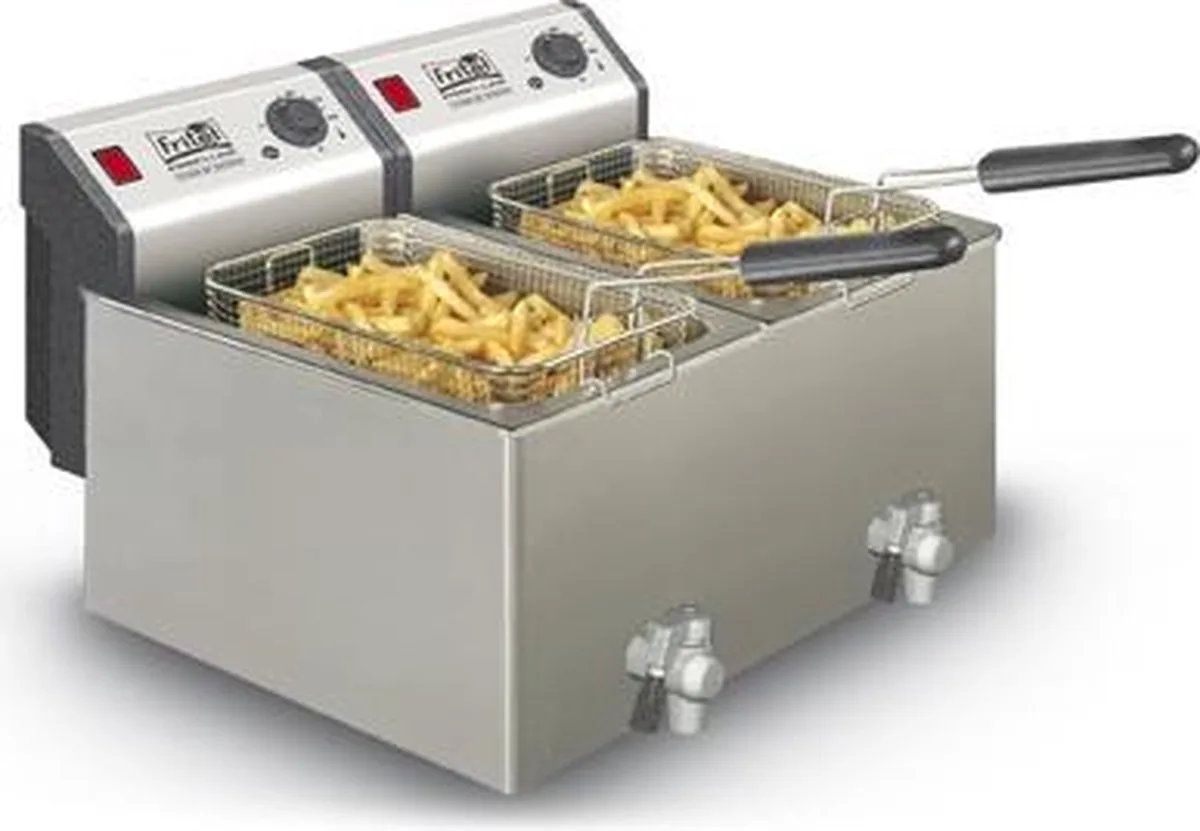 Dubbele Frituurpan - Profi 4920 DUO - Professionele Friteuse met Antistofdeksel - Olie + Vast Vet - Koude Zone - Uniek Dubbel Verwarmingselement - 2x 3300W - 2x 8 liter - Incl. Kraan van Fritel in Inox – productfoto