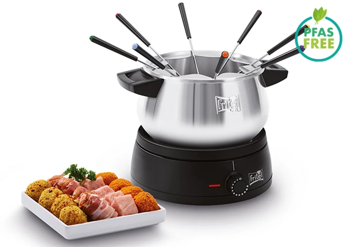 Fondue FO 2470 - Elektrische Fonduepan / Fonduepot set - Kerstcadeau / Cadeau Feestdagen - 1,5L - 1500W - 2 tot 8 Pers. + 8 Fonduevorkjes - PFAS-vrij van Fritel in Zilver, Zwart – productfoto