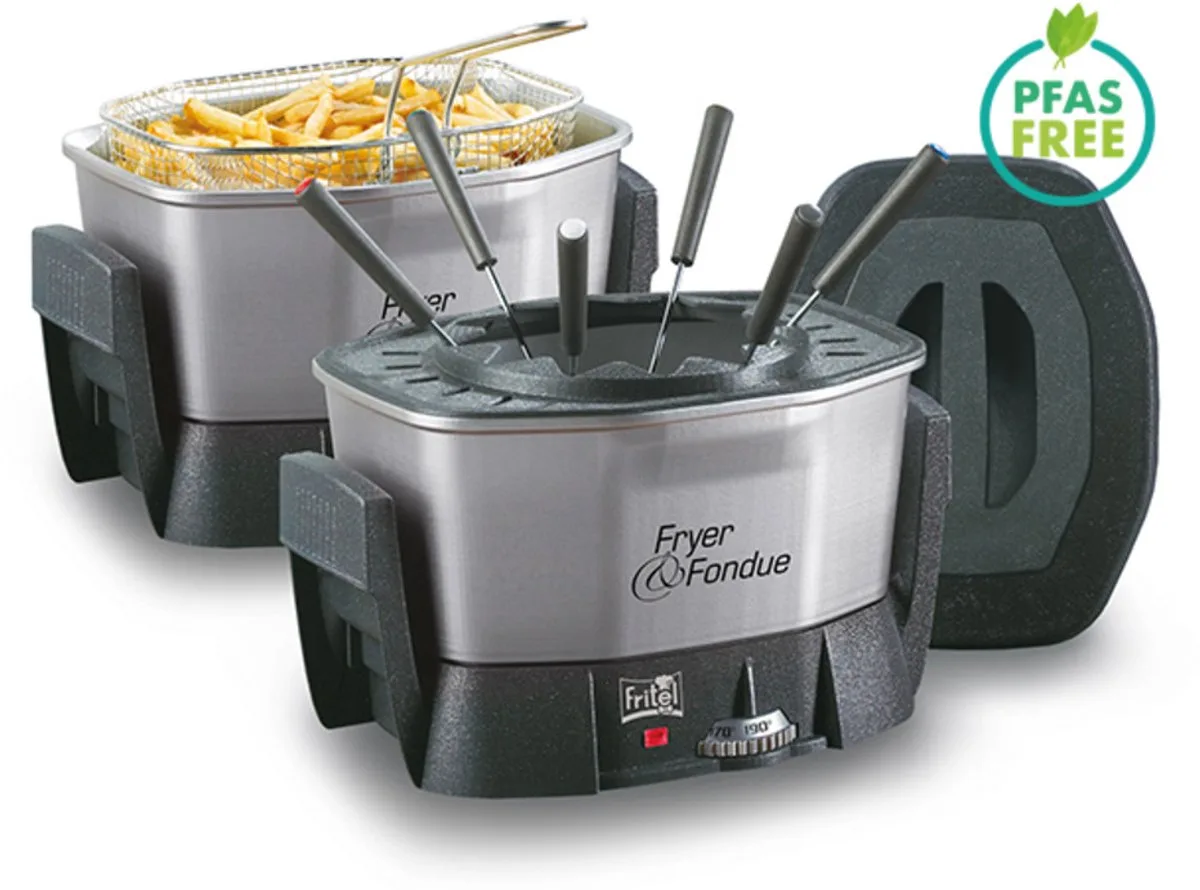 Friteuse - Fondue FF 1400 - Fonduepot & Frituurpan - 1,5 liter - 1400W - Antistofdeksel - 2 tot 6 Personen - PFAS-vrij + GRATIS fonduering & vorkjes van Fritel in Grijs – productfoto