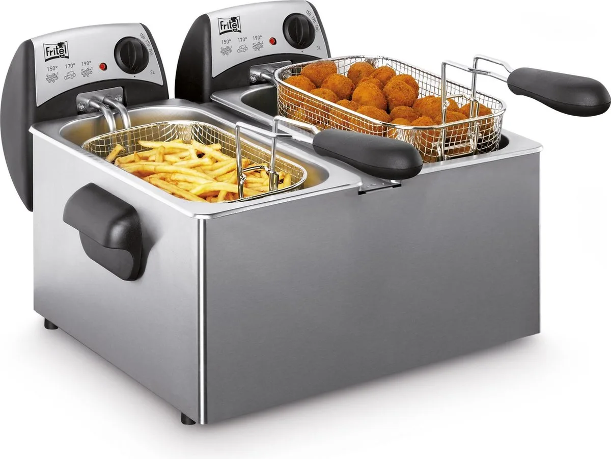 Friteuse FR 1355 Duo - Dubbele Frituurpan- 2 x 3 liter - 2 x 2200W - Antistofdeksel - 2 tot 8 Personen - Enkel Olie - 10 jaar Garantie van Fritel in Inox – productfoto