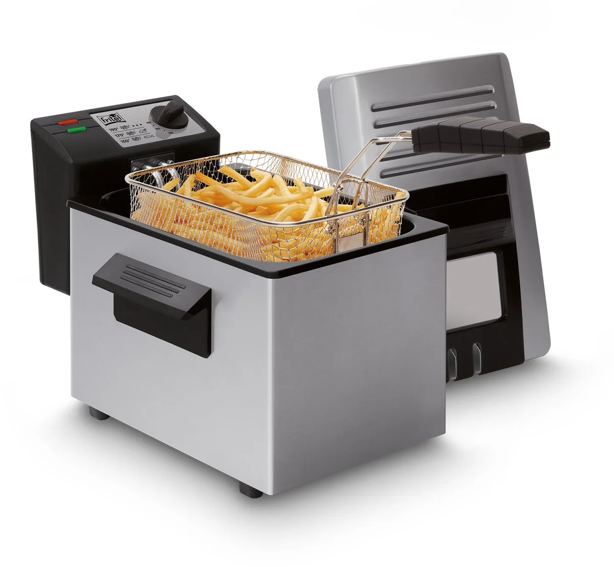 Frituurpan - A107 - Frietketel met Filterdeksel - Friteuse - Koude Zone - 3-5 Pers. Frituurketel met Kijkvenster - 2400W - 4L van Fritel in Zilver – productfoto