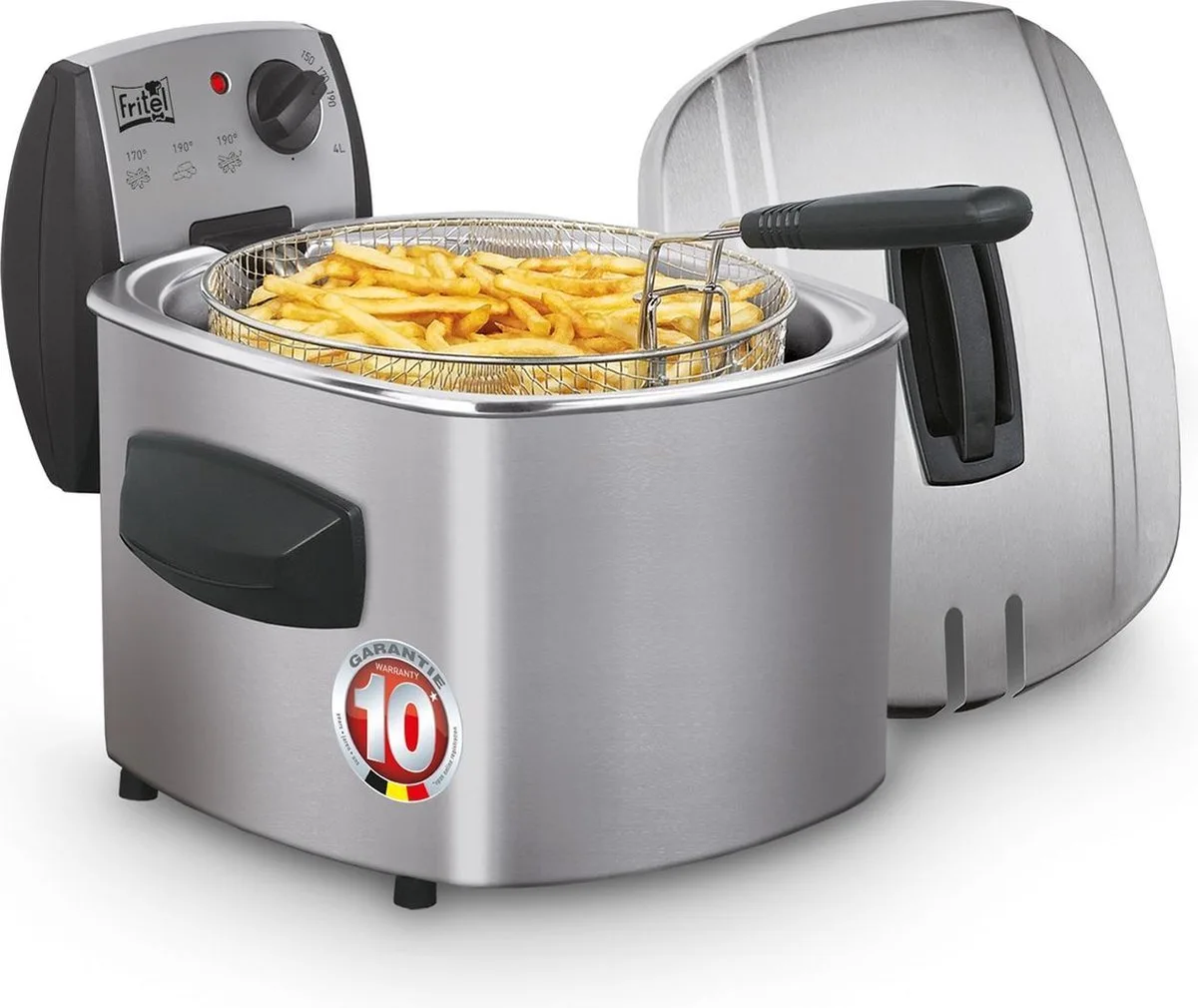 Frituurpan - FR 1480 - Retro Friteuse met Antistofdeksel - - Koude Zone - 3-5 Personen - Ronde Frituurketel - 3000W - 4 liter - 10 jaar Garantie by Fritel in Inox – product photo