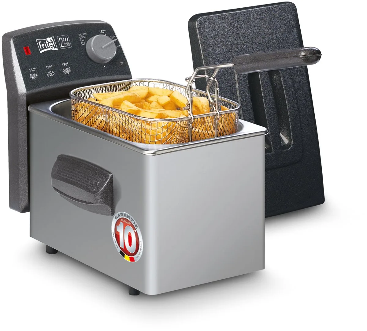 Frituurpan - Turbo SF® 4049 - Friteuse met Antistofdeksel - Olie + Vast Vet - 1-2 personen Frituurketel - 1800W - 2 liter - 10 jaar Garantie van Fritel in Zilvergrijs – productfoto