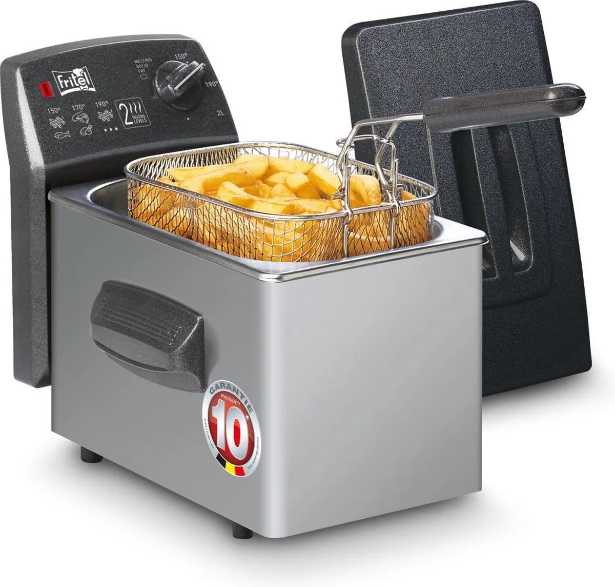 Frituurpan - Turbo SF® 4050 - Friteuse met Antistofdeksel - Olie + Vast Vet - 1-2 personen - 2000W - 2 liter - 10 jaar Garantie van Fritel in Zilver – productfoto