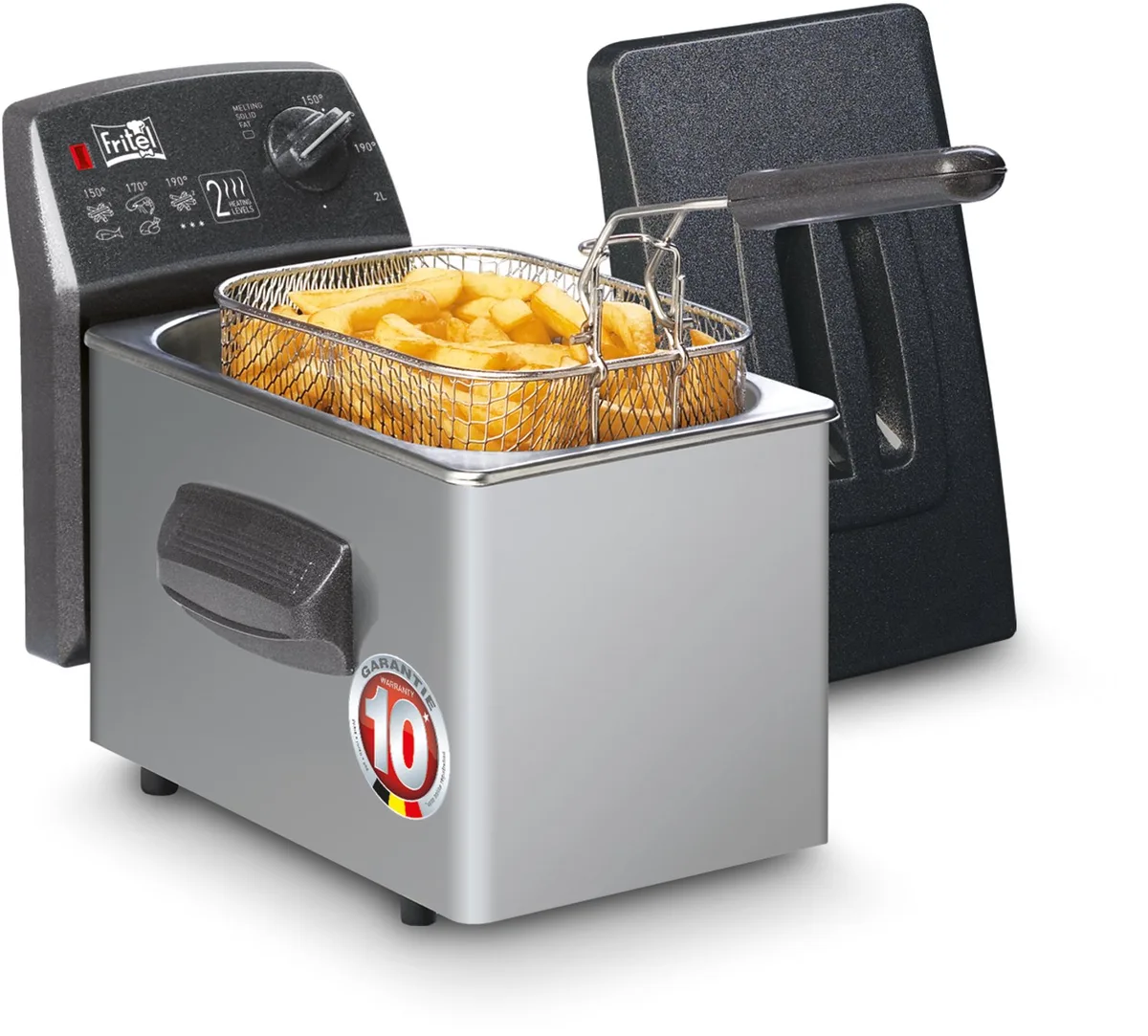 Frituurpan - Turbo SF® 4050B - Friteuse met Antistofdeksel - Olie + Vast Vet - 1-2 personen - 2000W - 2 liter - 10 jaar Garantie van Fritel in Zilver – productfoto