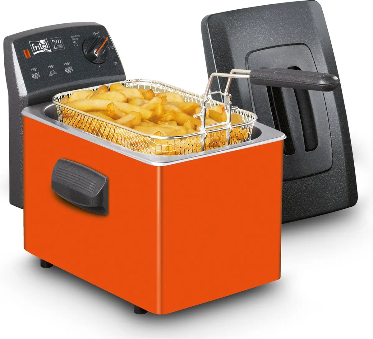 Frituurpan - Turbo SF® 4152 - Friteuse met Antistofdeksel - Olie + Vast Vet - 2-4 personen - 2200W - 3 liter - 10 jaar Garantie van Fritel in Oranje – productfoto
